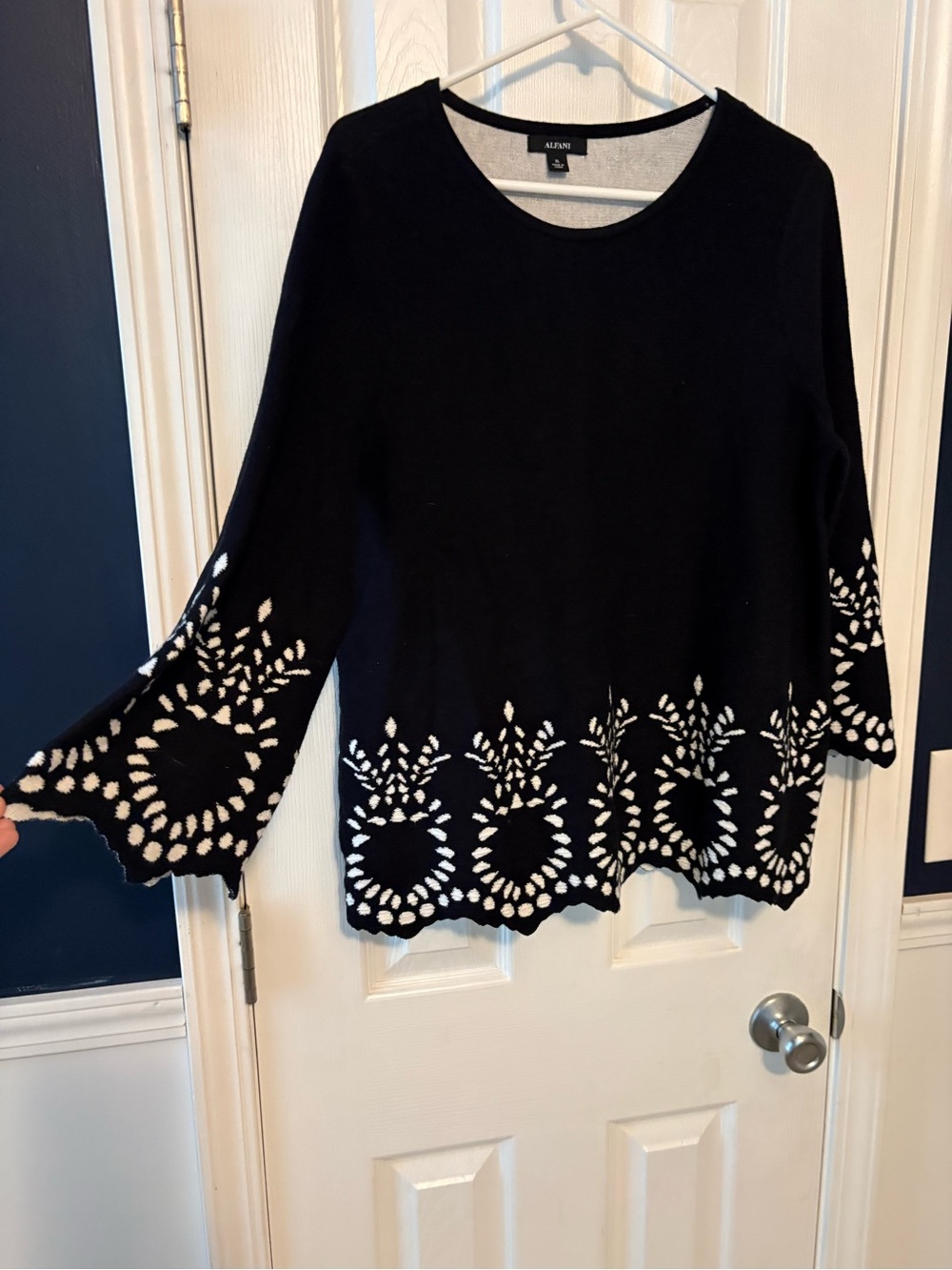 Alfani Black Sweater Tunic with White Cutout Floral Border